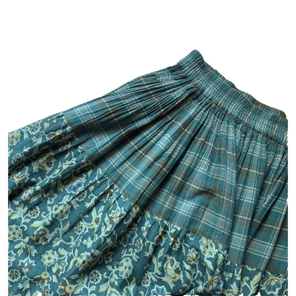 Cottagecore Teal Patchwork Midi Skirt S/M Plaid Floral Ruffle Prairie Boho